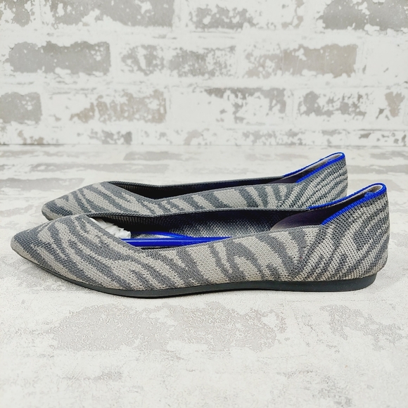 New Rothy's The Flat Grey Zebra Knit Pointy Toe Slip On Loafers O274